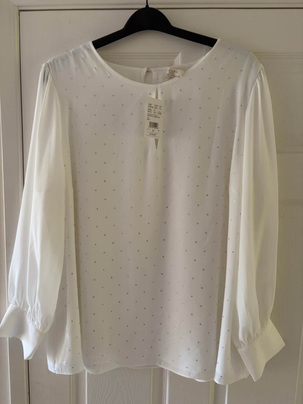 White Embellished Long-Sleeve Blouse - Elegant Crew Neck